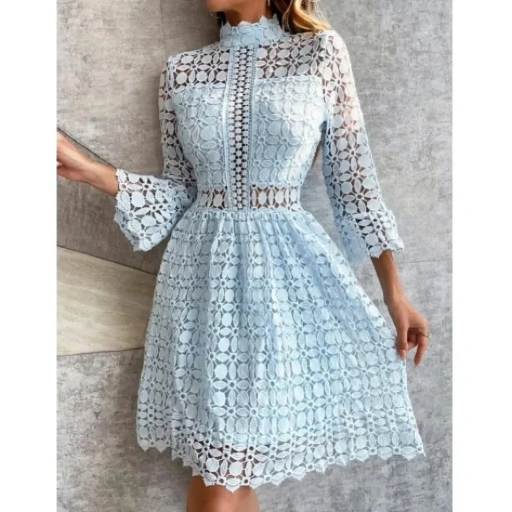 Classic Lace Frill Neck Long Sleeve Party Dress - Picture 4 of 13